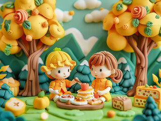 Obraz premium Cartoon characters of children having a picnic with dreamy visuals
