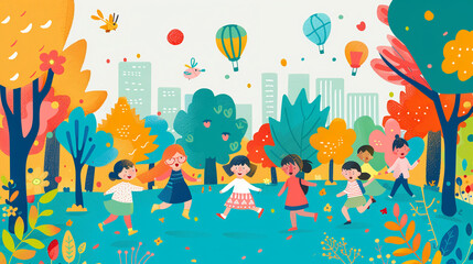 Cheerful children playing in a park cartoon design with dreamy visuals