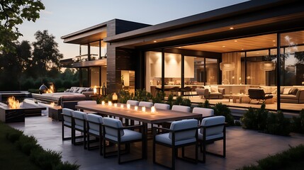 Luxury home exterior at sunset: Outdoor covered patio with kitchen barbecue dining table and seating area overlooking grass field and trees 