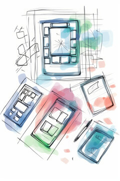 watercolor illustration sketch of app wireframe sketches, color splashes, pastel colors, rough lines,generative ai
