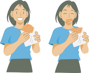 手焼き煎餅を食べる女性のイラスト