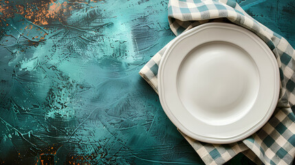 Obraz na płótnie Canvas Top view on colored background empty round white plate on tablecloth for food. Empty dish on napkin