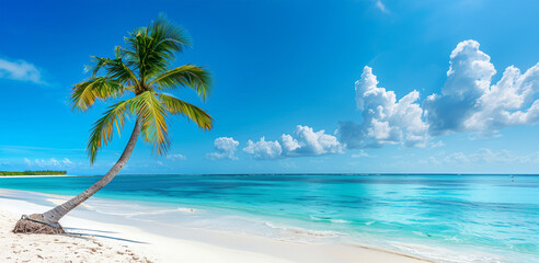 Fototapeta na wymiar Beautiful tropical beach with palm trees and a blue sky, panoramic view, Generative AI