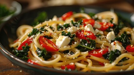 Kale and feta pasta with red peppers - obrazy, fototapety, plakaty