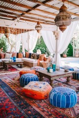A Moroccan-inspired lounge with colorful poufs, patterned rugs, and ornate lanterns, Generative AI