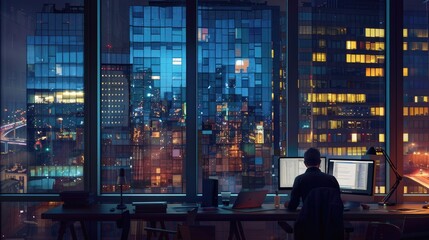 A office building facade with man working on computer at night, Generative AI - obrazy, fototapety, plakaty