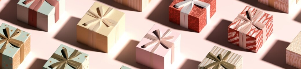 Festive Assortment of Christmas Gift Boxes with Beautiful Patterns on a Light Background：Row of decorated Christmas gift boxes with beautiful pattern of pastel colors on light background as 3D renderi