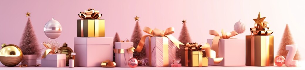 Festive Assortment of Christmas Gift Boxes with Beautiful Patterns on a Light Background：Row of decorated Christmas gift boxes with beautiful pattern of pastel colors on light background as 3D renderi - obrazy, fototapety, plakaty