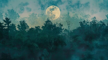Mysterious Double Exposure of Enchanted Forest and Full Moon