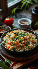 Beautiful presentation of Veggie-loaded cauliflower fried rice, hyperrealistic food photography