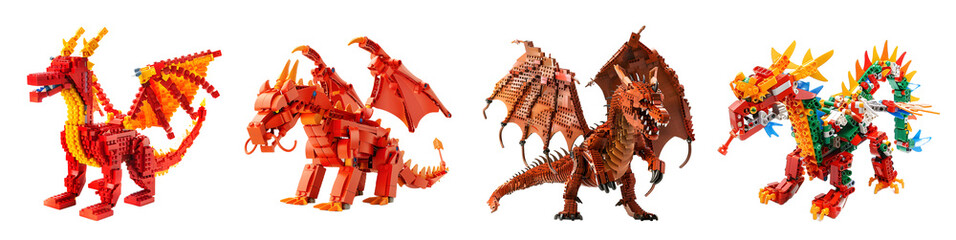 lego dragon, toy, figure isolated on a transparent PNG background, white background , Generative Ai