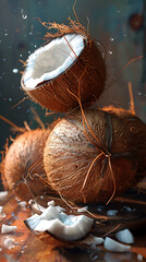 Beautiful presentation of Whole coconuts, hyperrealistic food photography
