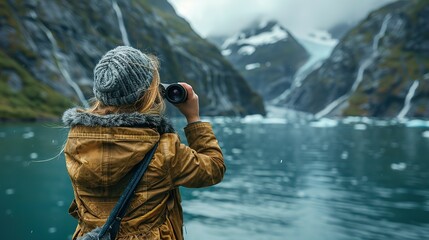 A young girl looks through tourist binoculars toward a fjord in Alaska - obrazy, fototapety, plakaty