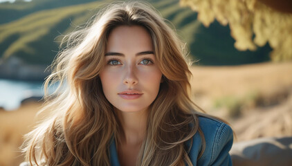 Naklejka premium Denim Jacket Casual Dressed Young Woman in Outdoors with Wavy Blonde Hair
