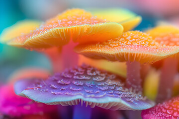 Closeup of colorful mushroom lamellae, magic mushroom, macro view, strong psychedelic colors. Decorative, psychic background and design pattern, wallpaper, poster.