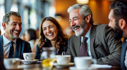 Elegant Professionals Sharing a Laugh Over Coffee in Stylish Café