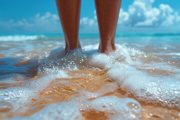 Bare feet standing in shallow seawater on a sunny beach day