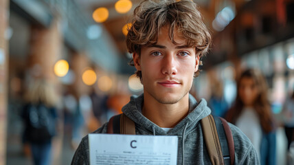 A male student holding a test paper with a capital C on it, first view, cartoons,generative ai
