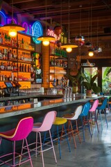 A retro-inspired bar area with neon signs, colorful bar stools, and vintage-inspired decor, Generative AI