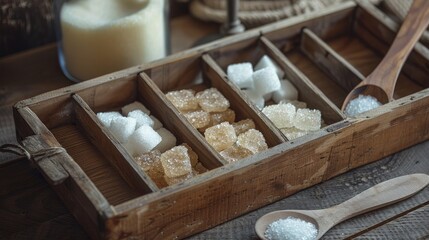 Raw sugar, rock sugar, granulation and cube sugar in the wooden box with wooden spoon beside.These are the nutritive sweeteners. sucrose or table sugar made up of fructose and glucose from the cane - obrazy, fototapety, plakaty