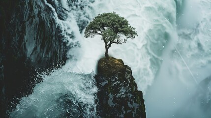 Mystical Waterfall with Solitary Tree Fusion.