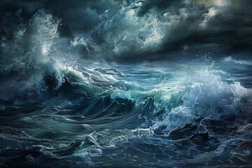 Obraz premium A dramatic seascape with crashing waves and a stormy sky, capturing the raw power and beauty of nature