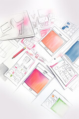 watercolor illustration sketch of app wireframe sketches, color splashes, pastel colors, rough lines,generative ai