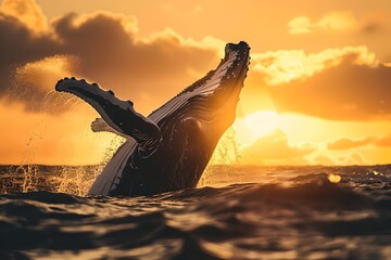 Majestic Whale Breaching at Sunset, Nature's Grandeur Captured. Vibrant Ocean Wildlife Photography. Generative AI