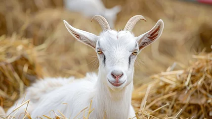 Fotobehang Saanen breed young goat with minor horns on a farm in the hay among livestock © 2rogan