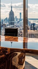 A polished executive wooden desk in an office setting with cityscape views