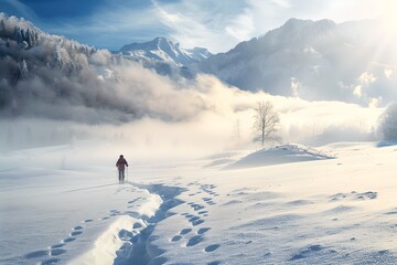 Lone Explorer Trekking in Snowy Mountain Landscape. Serene Winter Journey. Cold Adventure Scene. Majestic Nature Photography. Generative AI