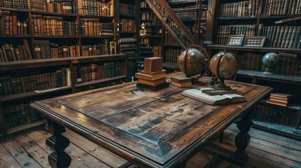 An antique wooden table in a library surrounded by shelves of old books - obrazy, fototapety, plakaty