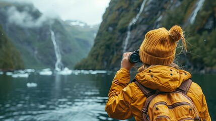 A young girl looks through tourist binoculars toward a fjord in Alaska