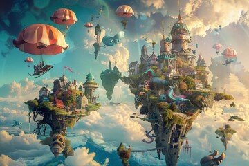 A surreal dreamscape with floating islands and surreal creatures, inviting viewers to explore a world of imagination and wonder