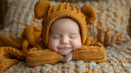 newborn baby, bear outfit on baby, baby smiles at the camera with her hands under her chingenerative ai