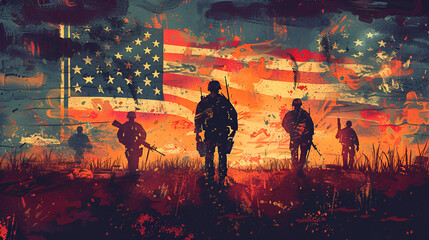 Illustration of American flag backdrop with soldiers walking silhouette, Generative AI - obrazy, fototapety, plakaty