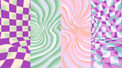 Y2kの背景。波、渦巻き、渦巻き模様。デイジー、花、ハート、ラインを含むベクター ポスター。トレンディなレトロな 2000 年代スタイルのねじれて歪んだテクスチャ。ライラック、ピンク、グリーンの色。