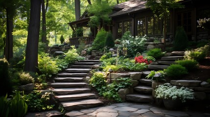 Luxury landscaped backyard garden with shed retaining wall and huge natural stone steps  - obrazy, fototapety, plakaty