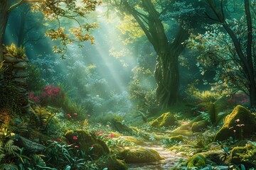 Fototapeta na wymiar An enchanting forest scene with ethereal lighting and vibrant foliage, transporting viewers to a magical realm of fantasy