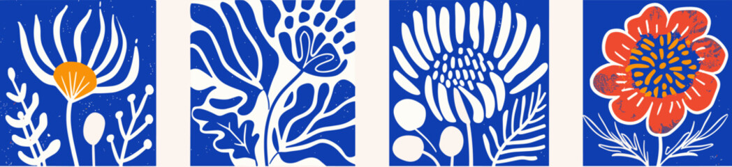 マティスの抽象的なフラワーアートセット。トレンディな素朴なレトロなスタイルの有機的な落書きの形。現代的なポスターと背景。青い色の花の植物ベクトル イラスト。