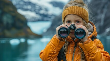 A young girl looks through tourist binoculars toward a fjord in Alaska