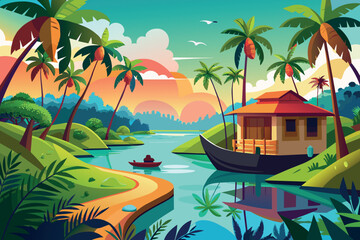 Fototapeta na wymiar Kerala Backwater Landscape cartoon vector Illustration flat style artwork concept