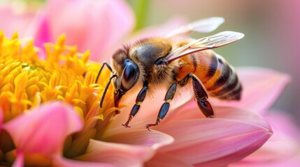Lively Honey Bee Up Close on Dahlia Flower