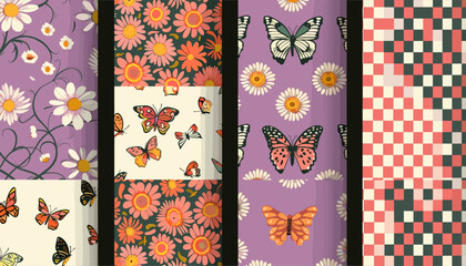 60 年代と 70 年代のヒッピーにインスピレーションを得た、グルーヴィーな蝶、デイジー、花柄をフィーチャーしたファッション デザイン、テキスタイル、ファブリック コレクション。 Y2K の美学を反映した、レトロなスタイルの波、チェッカーボード、メッシュの背景を持つシームレスなパターン