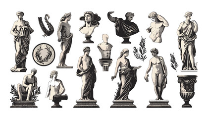 ギリシャの古代彫刻の神秘的なセット。ベクターの手には、トレンディなボヘミアン スタイルのアンティークの古典的な彫像のイラストが描かれました。