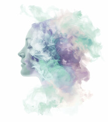 Blending double exposure a beautiful woman face profile with watercolor.
- 786805947