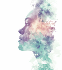 Blending double exposure a beautiful woman face profile with watercolor.
