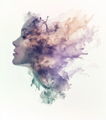 Blending double exposure a beautiful woman face profile with watercolor.
- 786805980