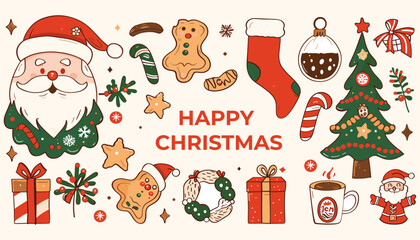 メリークリスマス、そしてハッピーニューイヤー。サンタ クロース、クリスマス ツリー、ギフト、ココア、コーヒー、トレンディなレトロな漫画スタイルのジンジャーブレッド。漫画のキャラクターと要素のステッカー パック。