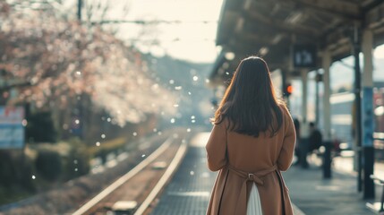 Spring Serenity: Young Asian Woman Waiting at Rural Railway Platform with Sakura Tree